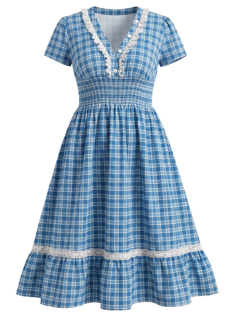 [Übergröße] Blaues 40er Kleid mit V-Ausschnitt und Spitze