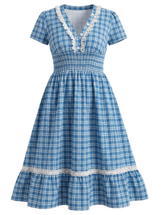 [Übergröße] Blaues 40er Kleid mit V-Ausschnitt und Spitze