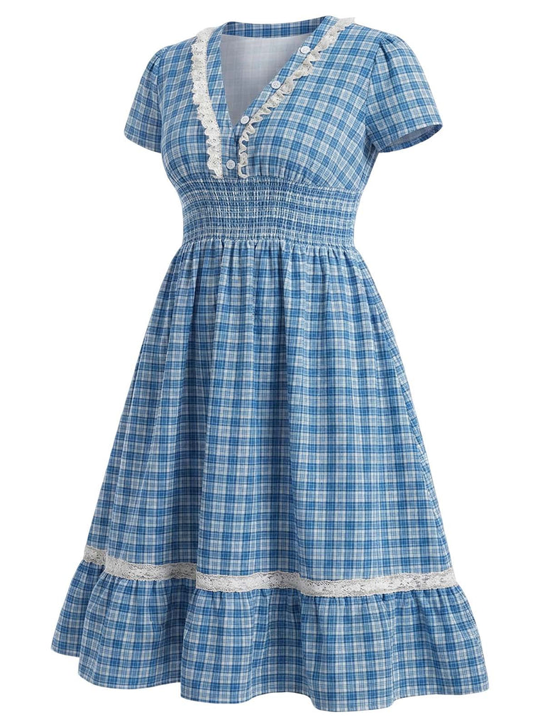 [Übergröße] Blaues 40er Kleid mit V-Ausschnitt und Spitze