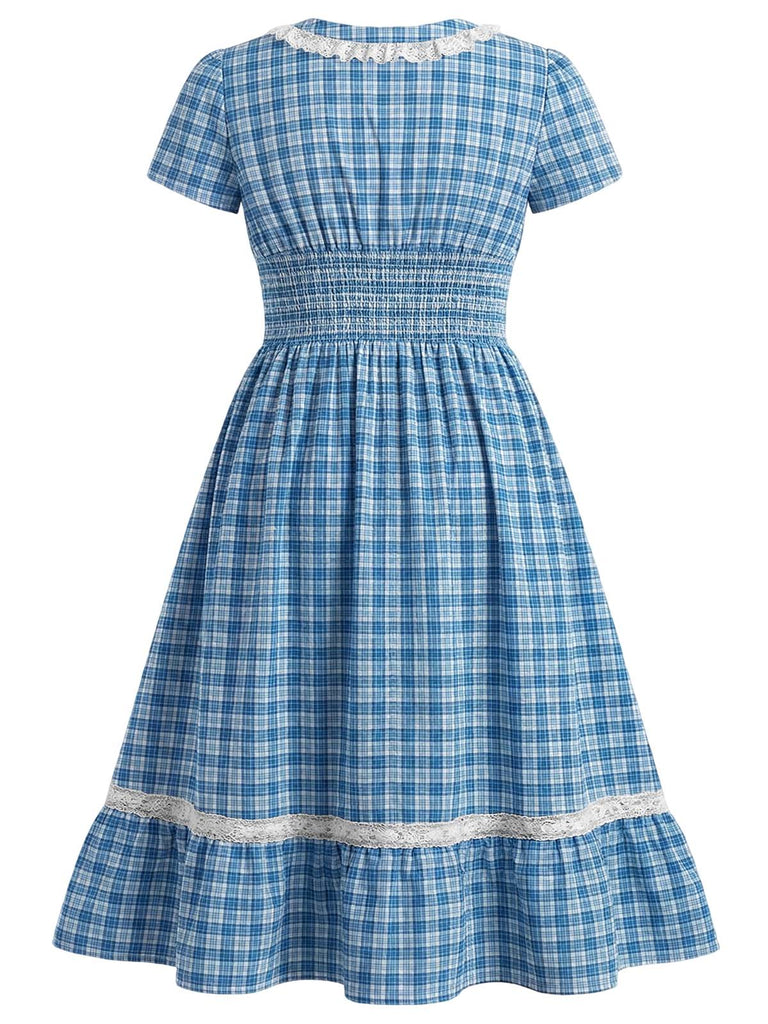 [Übergröße] Blaues 40er Kleid mit V-Ausschnitt und Spitze