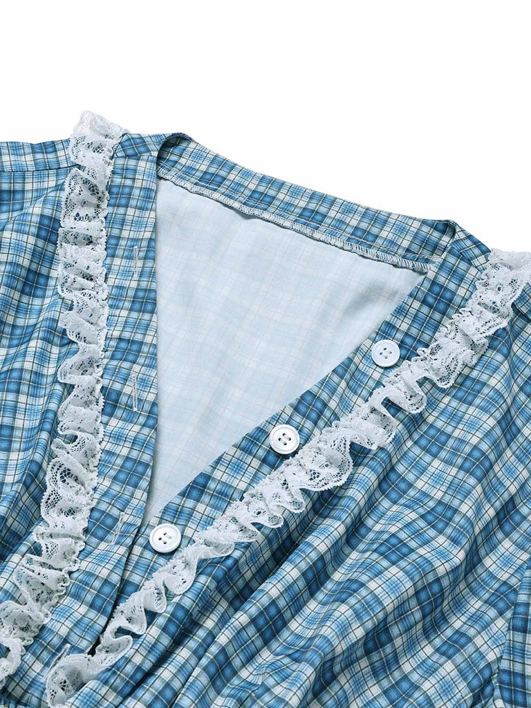 [Übergröße] Blaues 40er Kleid mit V-Ausschnitt und Spitze