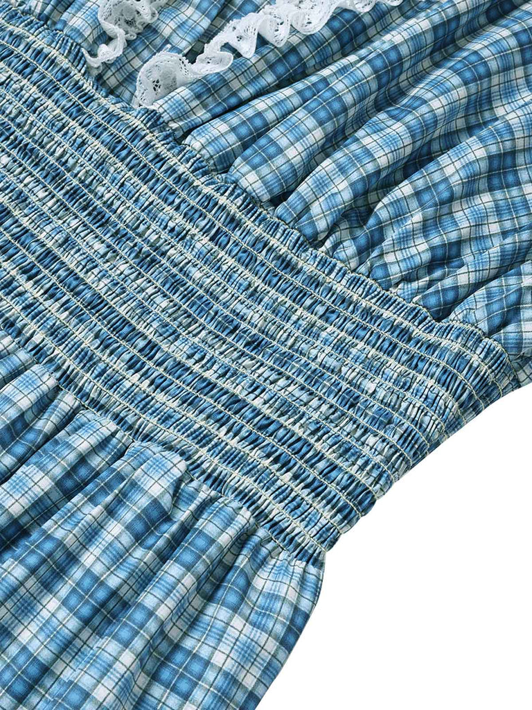 [Übergröße] Blaues 40er Kleid mit V-Ausschnitt und Spitze