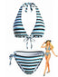 Blaues 40er Neckholder-Bikini-Set mit Streifen und Bindeband
