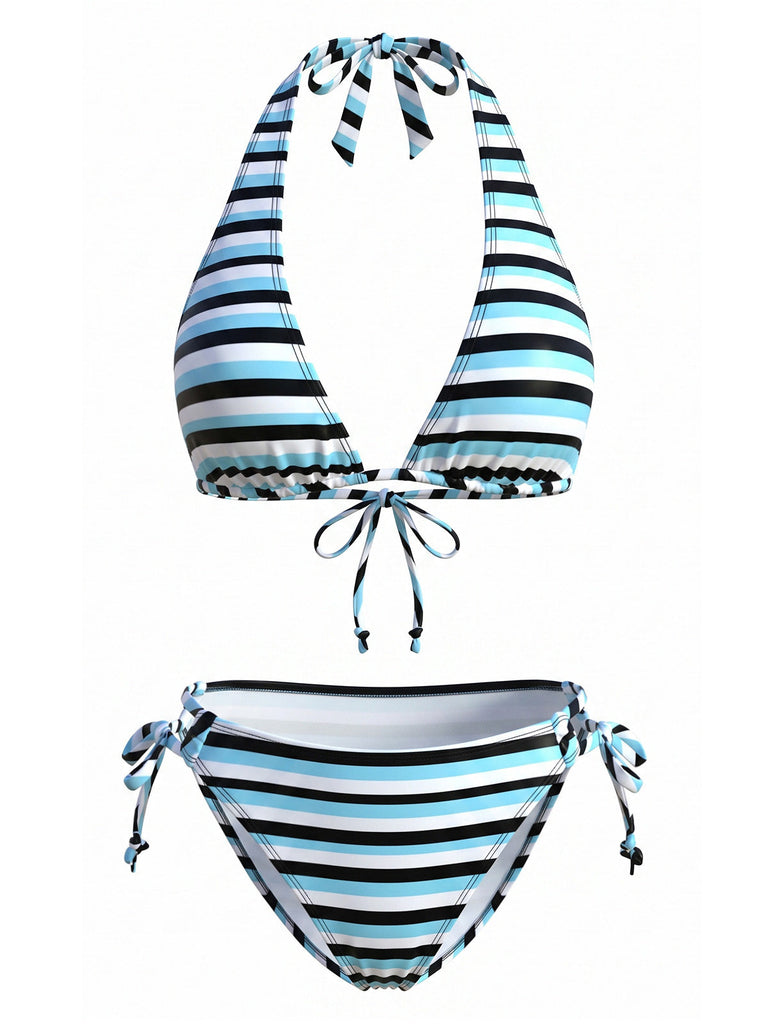 Blaues 40er Tankini-Set mit Neckholder und Bindeband
