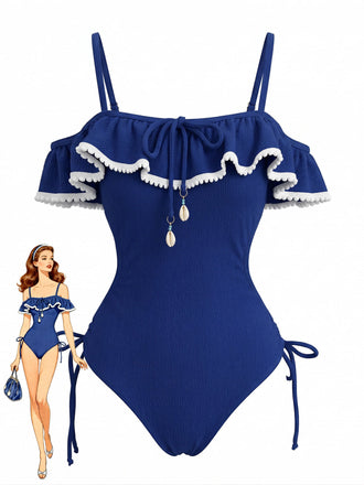 Blauer 40er Badeanzug mit Rüschen und Anhänger