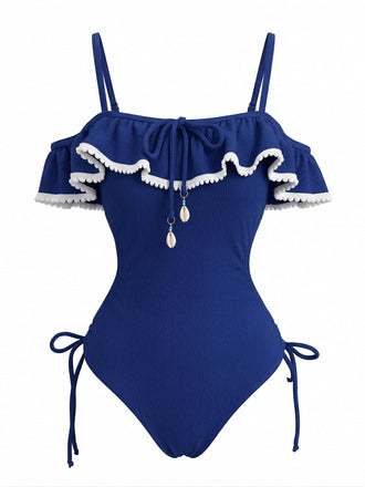 Blauer 40er Badeanzug mit Rüschen und Anhänger