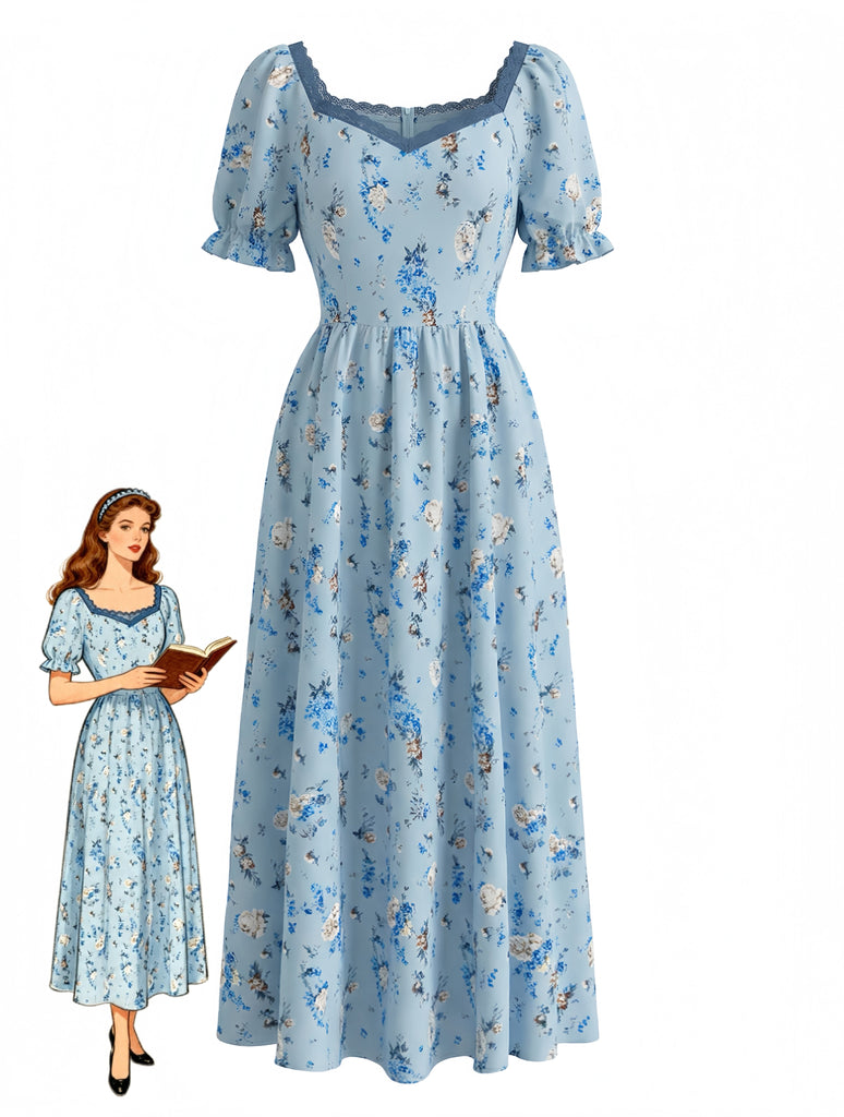 Blaues 40er Kleid mit Ditsy-Blumen und V-Ausschnitt