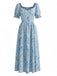 Blaues 40er Kleid mit Ditsy-Blumen und V-Ausschnitt