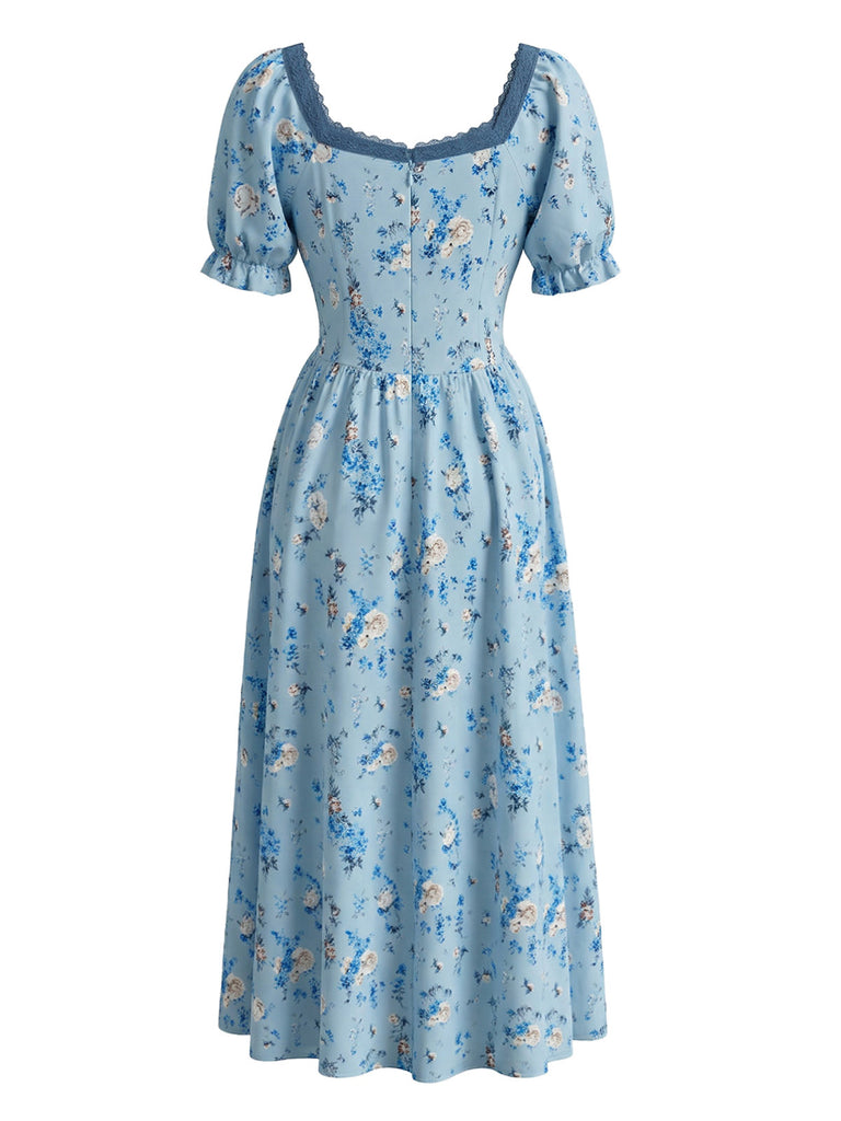 Blaues 40er Kleid mit Ditsy-Blumen und V-Ausschnitt