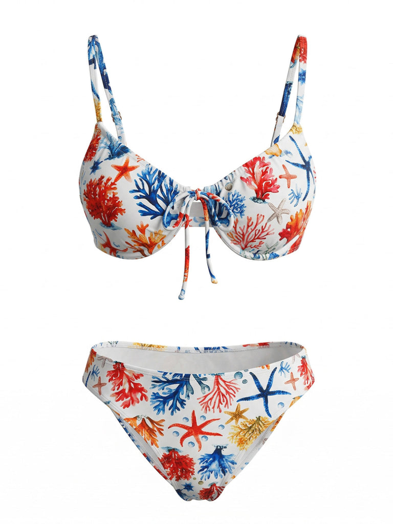 Korallees & Blaues 50er Bikini-Set & Shorts mit Print und Seestern