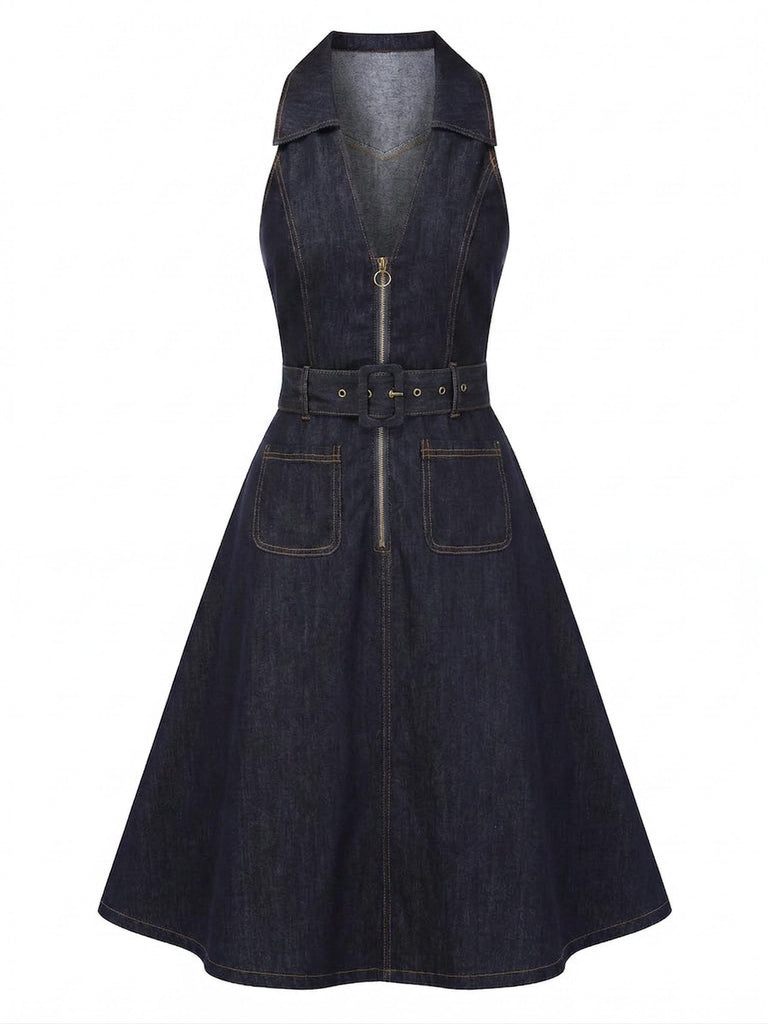 70er Jeans-Kleid mit Tiefer V-Ausschnitt und Reverskragen