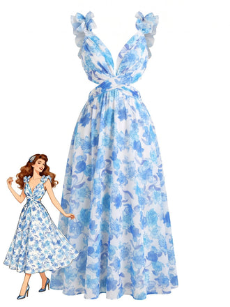 Blaues 50er Maxikleid mit Blumen-Print und Rüschen