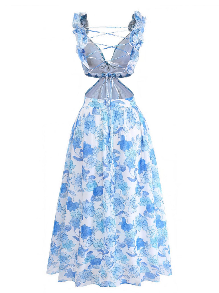Blaues 50er Maxikleid mit Blumen-Print und Rüschen