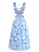 Blaues 50er Maxikleid mit Blumen-Print und Rüschen