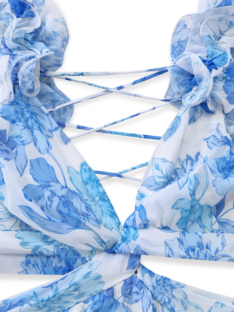 Blaues 50er Maxikleid mit Blumen-Print und Rüschen