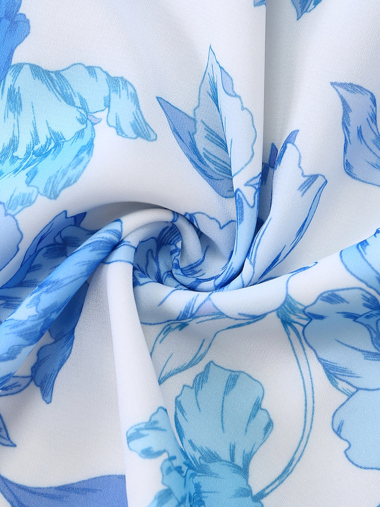 Blaues 50er Maxikleid mit Blumen-Print und Rüschen
