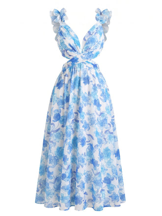Blaues 50er Maxikleid mit Blumen-Print und Rüschen