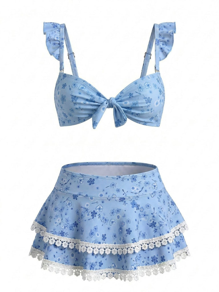 Blaues 50er Bikini-Set mit Blumen und Rüschen