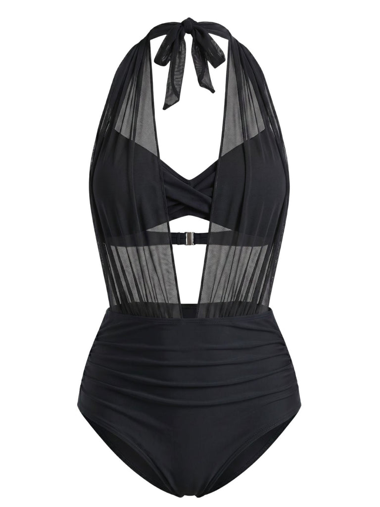50er Netz-Bikini-Set mit Neckholder und Raffung