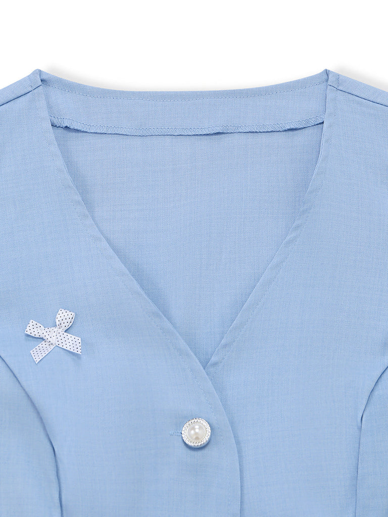 Blaue 50er Ärmelloses Shorts mit V-Ausschnitt und Schleife