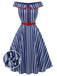 Blaues 50er schulterfreies Swingkleid mit Streifen