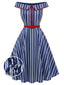 [Vorverkauf] Blaues 50er schulterfreies Swingkleid mit Streifen
