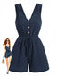 Blauer 50er Romper mit V-Ausschnitt und Knopfleiste