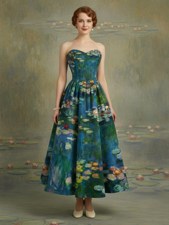 Grünes 50er Trägerloses Kleid mit Herzausschnitt und Lilien