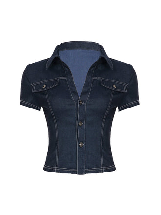 Blau 60er Jeans-Shirt mit Kurzarm und Reverskragen