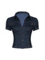 Blau 60er Jeans-Shirt mit Kurzarm und Reverskragen