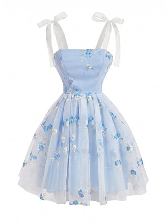 Blaues 60er Kleid mit Spaghettiträger und Schleife