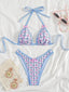 Blaues 60er Triangel-Bikini-Set mit Vichy-Karo und Blumenmuster