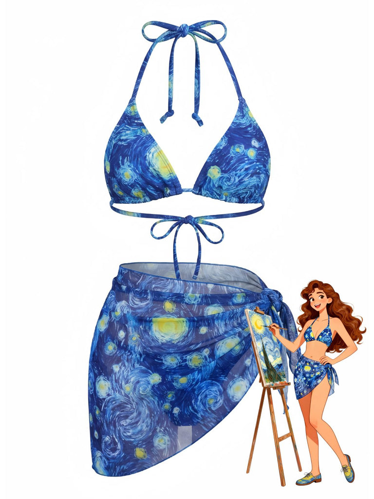 Blaues 60er Bikini-Set & Cover-Up mit Neckholder und Sternenklar