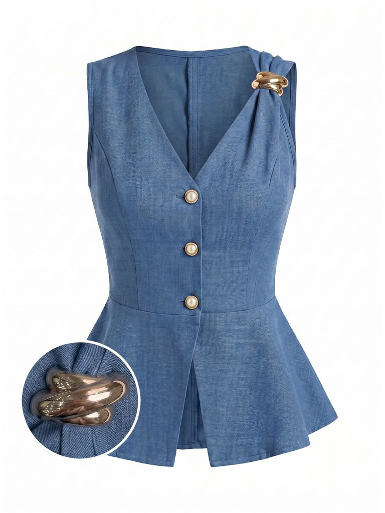 Blaue 60er Weste mit V-Ausschnitt und Knopf