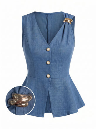 Blaue 60er Weste mit V-Ausschnitt und Knopf