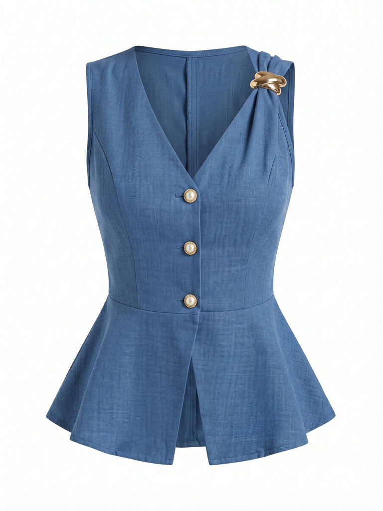 Blaue 60er Weste mit V-Ausschnitt und Knopf