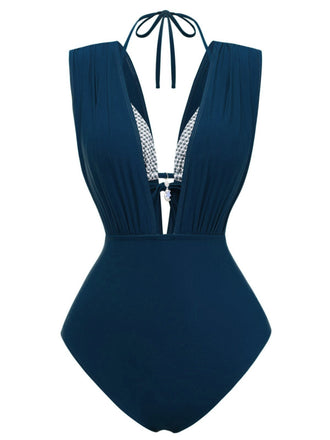 Marineblauer Badeanzug mit Neckholder-Design auf weißem Hintergrund