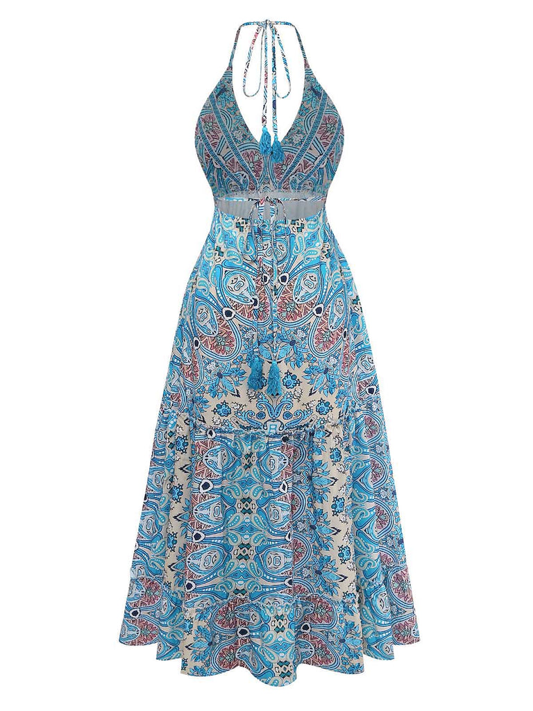 Blaues 70er Boho Midikleid mit Neckholder und Paisley