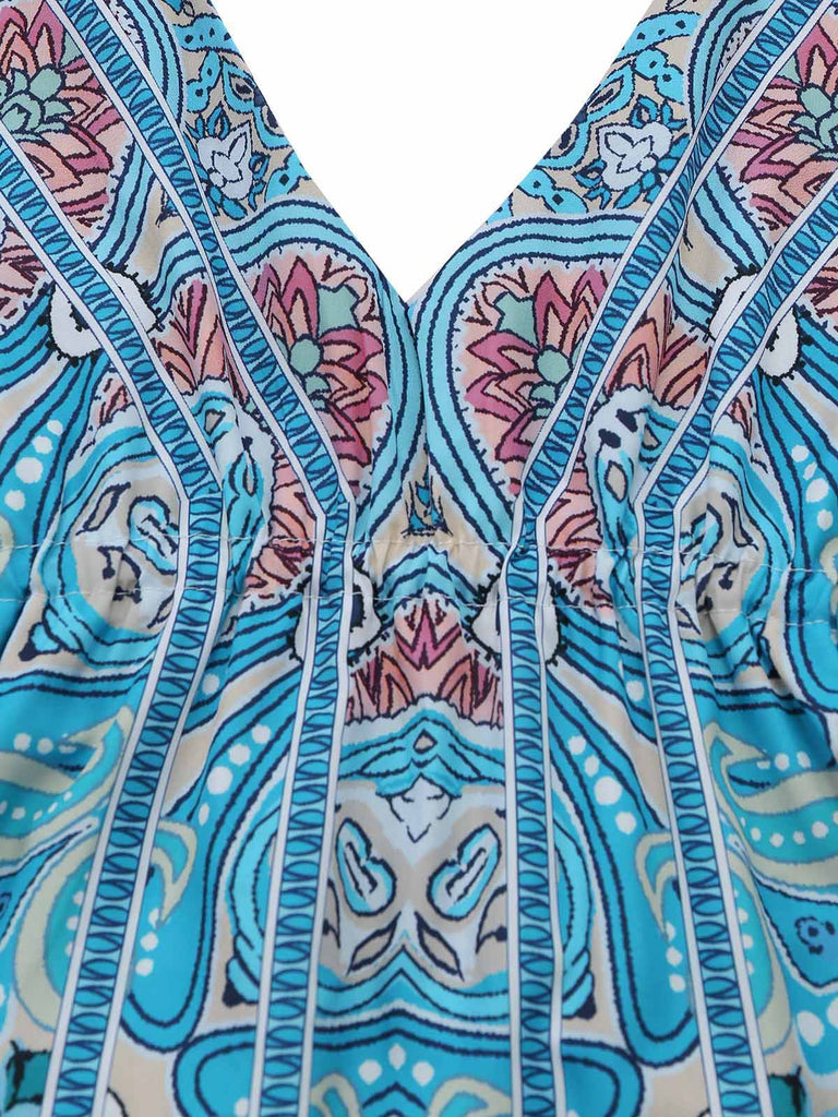 Blaues 70er Boho Midikleid mit Neckholder und Paisley