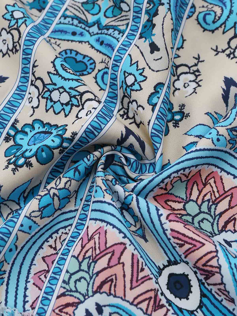 Blaues 70er Boho Midikleid mit Neckholder und Paisley