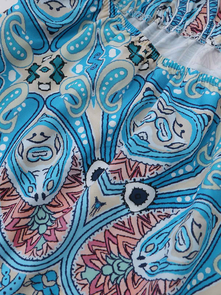 Blaues 70er Boho Midikleid mit Neckholder und Paisley