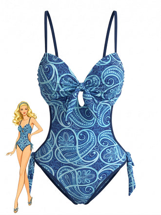 Blauer 70er Boho Badeanzug mit Paisley und Cut-out