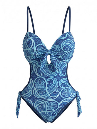 Blauer 70er Boho Badeanzug mit Paisley und Cut-out