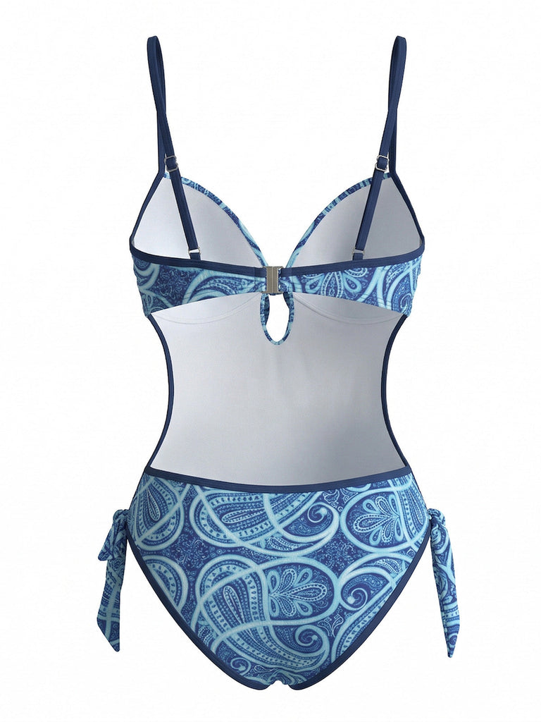 Blauer 70er Boho Badeanzug mit Paisley und Cut-out