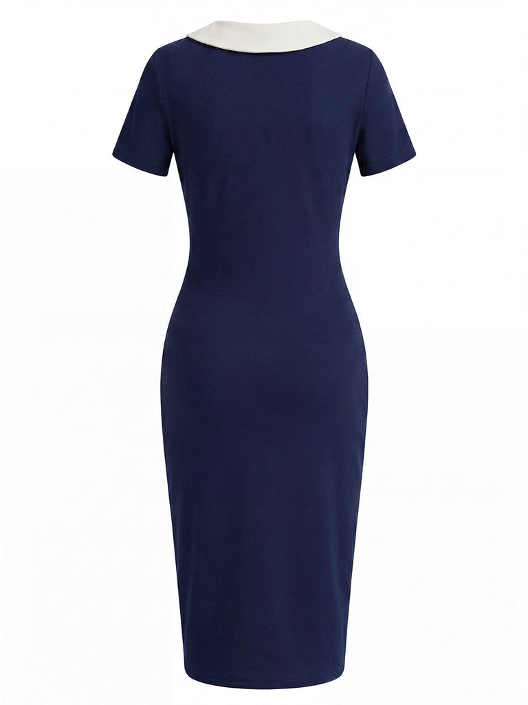 Blaues 60er Strick-Kleid mit Peter-Pan-Kragen
