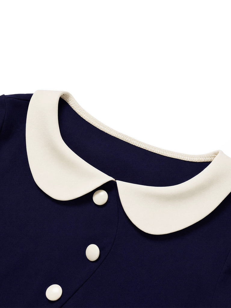 Blaues 60er Strick-Kleid mit Peter-Pan-Kragen