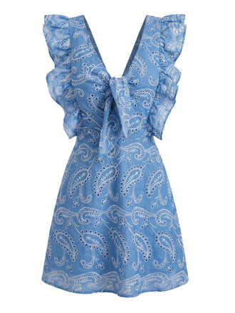 Blaues 70er Minikleid mit V-Ausschnitt und Rüschen