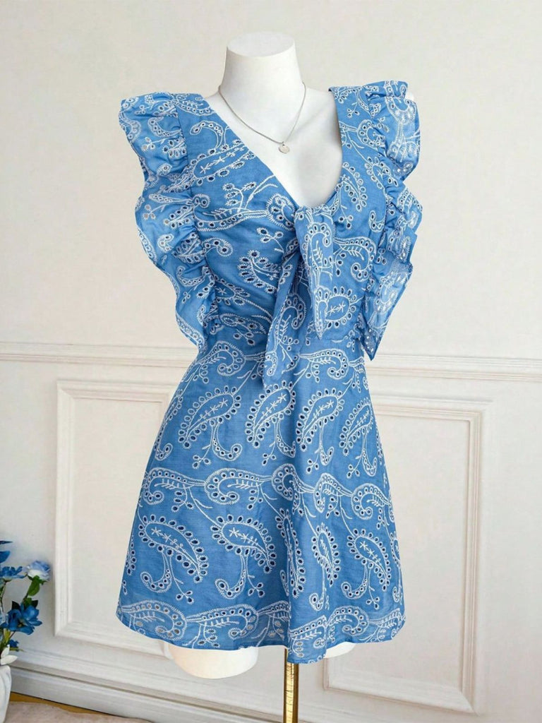 Blaues 70er Minikleid mit V-Ausschnitt und Rüschen