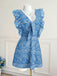 Blaues 70er Minikleid mit V-Ausschnitt und Rüschen