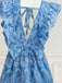 Blaues 70er Minikleid mit V-Ausschnitt und Rüschen